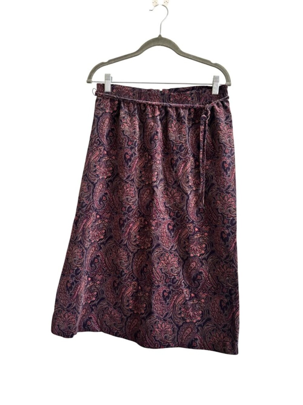 Vintage Povtec Paisley Velvet A Line Midi Skirt Purple Red Cotton Lightweight - Picture 13 of 14